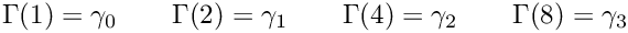 \&zwj;[\Gamma(1) = \gamma_0\qquad
\Gamma(2) = \gamma_1\qquad
\Gamma(4) = \gamma_2\qquad
\Gamma(8) = \gamma_3
\&zwj;]